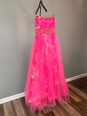Vintage Deb Girls Pink Floral Tulle Beaded Strapless Formal Prom Dress 5/6 Y2K